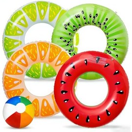 5 Flotadores de Piscina de Frutas, Sandía, Kiwi, Naranja, Limón, Anillos de Natación con Pelota de Playa de 11.9 Pulgadas, Tubos Inflables,