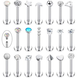 LOLIAS 20 Pcs Tragus Cartilage Forward Helix Stud Earrings for Women Men Monroe Labret Lip Nose Studs Stainless Steel CZ Balls Heart Flower Medusa Flatback Piercings Earrings 16G