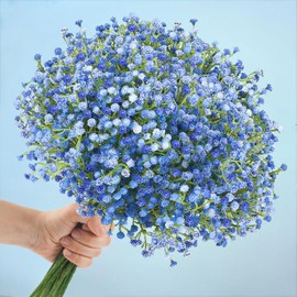 N&T NIETING Babys Breath Artificial Flowers Bulk, 15Pcs Fake Gypsophila Bouquet Flowers Real Touch Faux Babies Breath Arrangement for Wedding Floral Party Home Centerpieces Vase Decoration, Blue