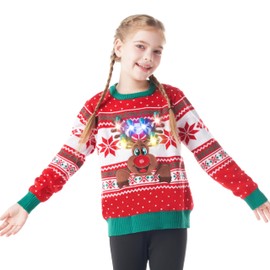 Giggling Getup Ugly Christmas Jumper for Kids, LED Lighted Christmas Reindeer Ugly Jumper, Ugly Christmas Jumper for Kids - Medium (8-10 Years), Red, red
