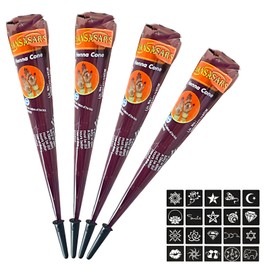 AMSNINK Henna Tattoo Set - 4 x Brown Henna Paste with 20 Stencils, Henna Brown Freckles, Henna Colour for Temporary Body Art