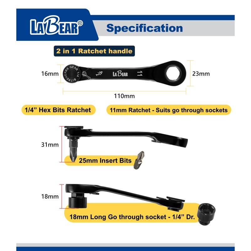 LABEAR-Low Profile 120-Tooth Reversible Ratchet wrench socket set, Non-slip socket,