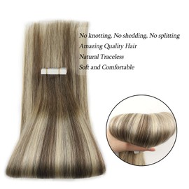 ABH AmazingBeauty Hair Tape in Hair Extensions Semi-permanent Double Sided Rooted Remy Human Tape in Extensions Ash Brown-Light Golden Blonde with Dark Brown Hair Tape ins 18 Inch 50G #R3-8-22