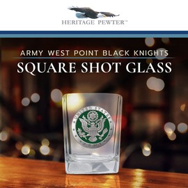 Heritage Pewter Army Square Shot Glass | Hand-Sculpted 1.5 Ounce Shot Glass | Intricately Crafted Metal Pewter Alma Mater Inlay