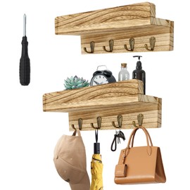 ZYNERY Wall-Mounted Coat Rack with Shelf and 4 Metal Hooks, Wooden Coat Hooks Set of 2, 50CM Wall Floating Shelf with Hat Rack, for Bathroom, Kitchen, Laundry Room, Living Room, Mudroom