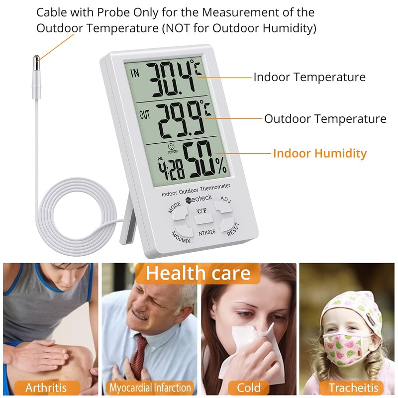 Neoteck 3 in 1 Thermometer Hygrometer with Clock Large LCD