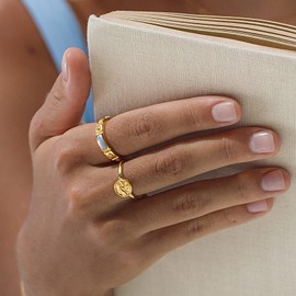 float Women's Gold Ring Vintage Shell Blue 18 Carat Gold-Plated and Adjustable Size from 50 - 56 mm, Brass Gold Plated Brass