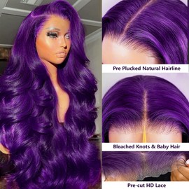 5x5 Purple Body Wave Lace Frontal Wigs for Women Wear Go Purple Lace Front Wigs Human Hair 200% Density Pre Cut Glueless Violet Colored HD Transparent Lace Human Hair Wig 22 Inch