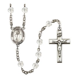 St. Joseph Marello Silver-Plated Rosary 6mm April Crystal Fire Polished Beads Crucifix Size 1 3/8 x 3/4 medal charm