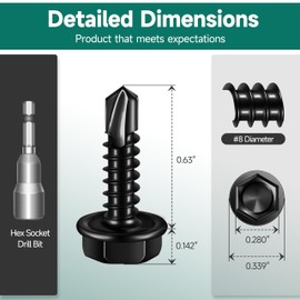 EASTPUK 100Pcs #8 x 5/8" Sheet Metal Screws, 410 Stainless Steel Self Drilling Hex Head Black Self Tapping Screws for Metal with Drill Bit