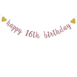 XIAOLUOLY Rose Gold Glitter Banner,Pre-Strung,16th Birthday Party Decorations Bunting Sign Backdrops,Happy 16th Birthday