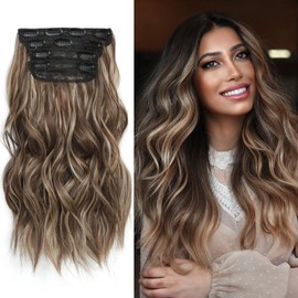 Chocolate Brown&Honey Blonde Hair Extensions, Naturally Soft Hair & Blends Well Hair Extensions, Double Weft Hairpieces for Women, 4Pcs Synthetic Clip in Long Wavy Hair Extensions(20Inch)