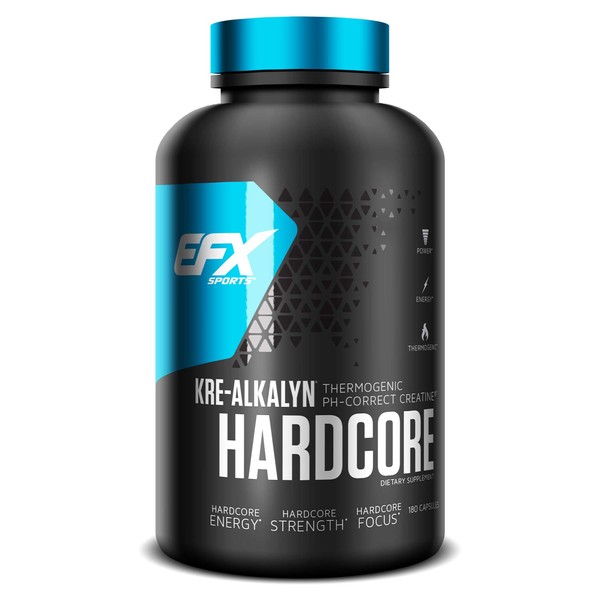 EFX Sports Kre-Alkalyn Hardcore | PH Correct Creatine Monohydrate Pre-Workout Energy| Patented Formula, Gain Strength, Build Muscle & Enhance Performance - 180 Capsules / 60 Servings