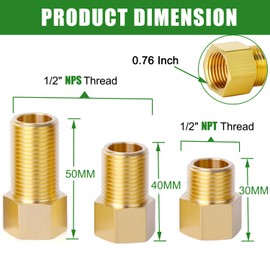 1/2" Brass Pipe Extension Fitting, 1/2" Female to 1/2" Male Pipe Connector Fitting, Brass Hex Bushing Adapter Reducer Adapter for Tub Spout/Shower with Teflon Tape (2PCS), Length 30/40/50MM (3PCS)