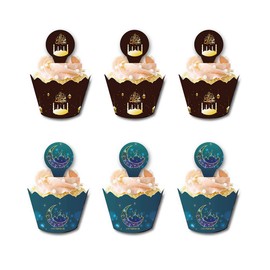 SWYOUN 24sets Eid Mubarak Cupcake Wrappers Toppers Ramadan Party Supplies Eid Party Decoration(Blue/Brown)