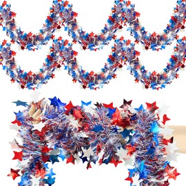 52 FT Patriotic Tinsel Garland, Memorial Day Decorations Red White and Blue Garland 4th of July Star Metallic Tinsel for Independence Day Home Car Bike Decor Accessories