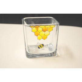 Honey Bee Honeycomb Yellow Hand Painted Stained Glass Square Candle Holder Home Decor