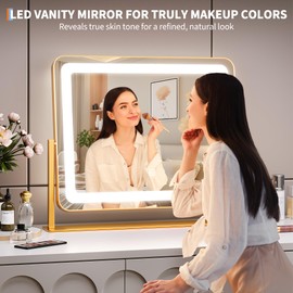 Vanity Mirror with Lights, 19.6"x15.7" LED Makeup Mirror with Lights, Large Lighted Makeup Mirror, Touch Screen, 3-Color Dimmable Desk Mirror for Bedroom, Vanity Desk, Tabletop, Dressing Room, Gold