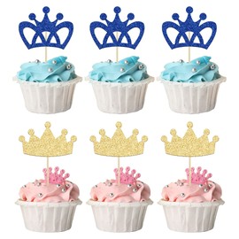 24 piezas de decoración para cupcakes de corona de príncipe y príncipe, color azul y dorado, con purpurina, corona de rey y reina, decoración de cupcakes para fiestas de baby shower, suministros de decoración de fiesta