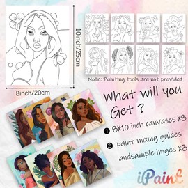 iPaint 8Pcs Paint and Sip Kit for Adults,Pre Drawn Canvas to Paint for Girls for Party,Couples DIY Acrylic Painting Kits Date Night 8×10 (NO tools)