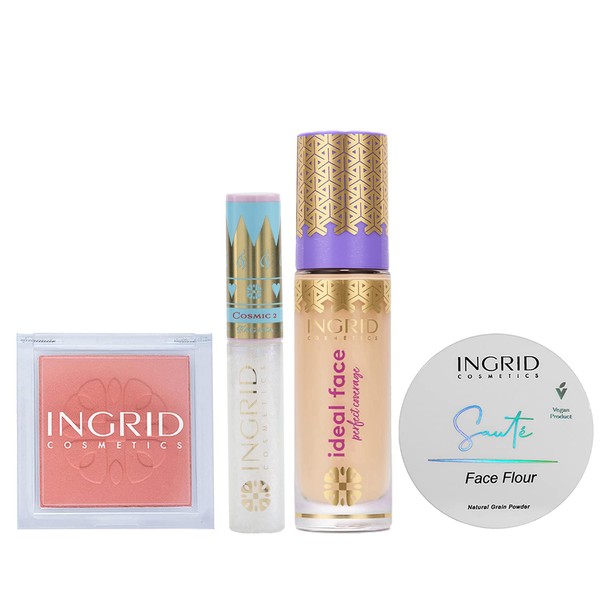 Ingrid Cosmetics Makeup Set - Ideal Face Foundation 15 - Mattifying Saute Oatmeal Powder - Carrot Cool Blush - Princess Cosmic II Lip Gloss - Full Makeup Base - Makeup without Makeup