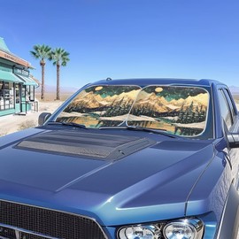 TSVAGA Front Windshield Sun Shade, 2-Piece Car Front Window Pad Folding Sun Visor Windshield Protector Universal Fit Most Cars SUV Truck Van Sedan, Camp Mountain