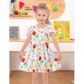 RAISEVERN Back to School Dress Little Girls Size 6 First Day of Kindergarten Dresses Flutter Sleeve Ruffle Outfits