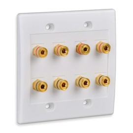 Speaker Wall Plate with 8 Banana Binding Posts, HTTX [2-Gang] White Gold-Plated Female Speaker Wire Socket Connector for Wallplate with Black & Red Rings