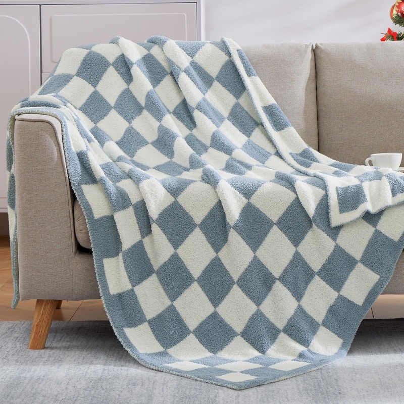 WRENSONGE Checkered Throw Blanket, Grey Blue Soft Cozy Fluffy Warm