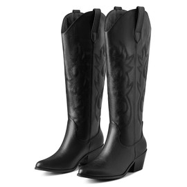 Erocalli Cowboy Black Cowgirl Boots Knee High Boot Stacked Heel Embroidered Pointed Toe Pull on Western Boots