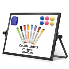 DOLLAR BOSS Magnetic Desktop Whiteboard 20x30cm Black Frame Double Sided Dry Erase Small White Board with Stand, A4 Mini Whiteboard 8 Pens, 1 Eraser, 6 Magnets, for Kids Students School, Home, Office