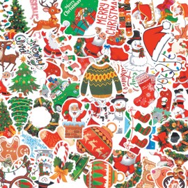 52pcs Vinyl Waterproof Merry Christmas Stickers Non Repeating Christmas Cartoon Santa Claus Stickers Christmas Tree Themed Funny Christmas Holiday Party Favors (52pcsChristmas Sticker)