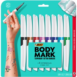 BIC BodyMark Temporary Tattoo Markers for Skin, Precision Series, Fine Tip, 8-Count Pack of Assorted Colors, Skin-Safe*, Cosmetic Quality
