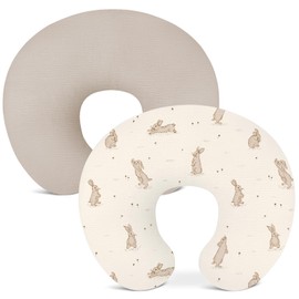 Wimist Nursing Pillow Covers 2 Pack, Muslin Nursing Cover for Breastfeeding Pillows, Comfortable for Baby Girls and Boys (Rabbit-A & Beige)