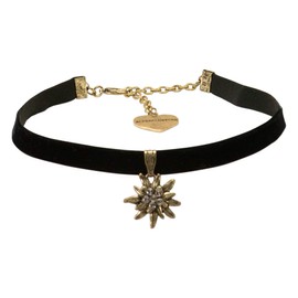 Alpenflüstern DHK240 Costume Velvet Choker Rhinestone Edelweiss Small Old Gold Costume Necklace Tight Fitting Choker Elastic Women's Costume Jewellery Velvet Choker Narrow Black, Metal
