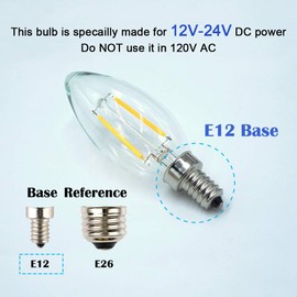 OPALRAY LED Candelabra Low Voltage Bulb, DC 12V Input, 2W 200Lm, Dimmable, Warm White Light, E12 Candle Base, Clear Glass Torpedo Tip, 25W Incandescent Equivalent, 12-24V DC Power, 3 Pack