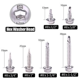 Hilitchi 410 Stainless Steel #8 Hex Washer Head Self Drilling Sheet Metal Tek Screws Assortment Kit Set with Drill Point, Self Driller, 200 Pieces