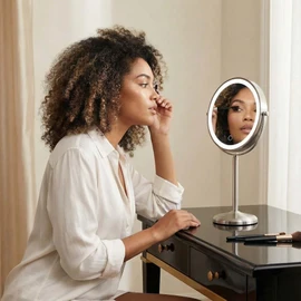 Fancii 9-Inch Lighted Makeup Mirror Height Adjustable with 10X /1X Magnification - Rechargeable, Double Sided LED Vanity Mirror with Light and Stand, 360° Swivel (Hailey)