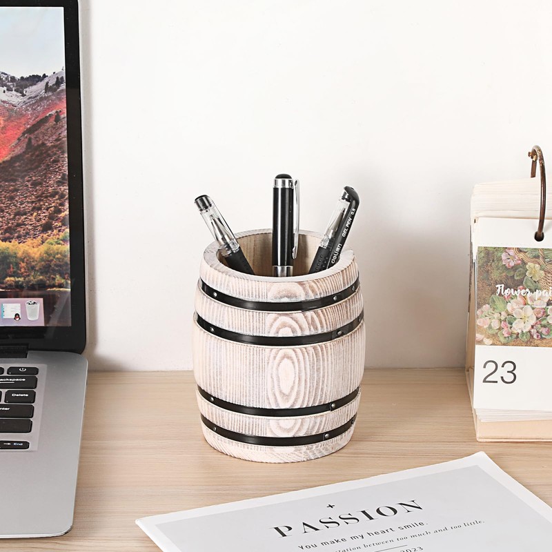 Hoowen Rustic Wooden Pen Holders for Desk, Wine Barrel Funny