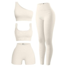 OIERD 4 Piece Workout Sets For Women Ribbed Leggings Clothes Yoga Sets Active Wear Cute Matching Work Out Sets Gym Pilates Outfits Beige White,S