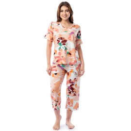 Fruit of the Loom Women's 360 Stretch Ruffle Sleeve V-Neck Tee and Capri Sleep Pajama Set, Painter's Palette, Small
