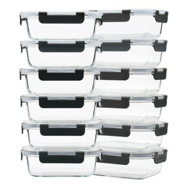 GULFLIN 12 Pack 22oz Glass Meal Prep Containers, Food Storage Containers with Lids, Air-Tight, Leak-Resistant, Freezer to Microwave Safe - Grey Set