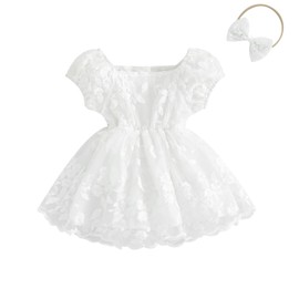 Newborn Baby Girl Romper Dress Flower Embroidered Puff Sleeve Tulle Bodysuit Headband Summer Princess Dresses (White,3-6 Months)