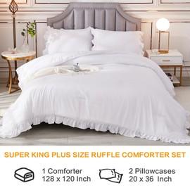 Andency White Oversized Super King Plus Comforter Set, 3 Pieces Shabby Chic Ruffle Solid Super King Plus Bedding Sets, All Season Soft Lightweight Down Alternative Bed Set for Adults Men Women