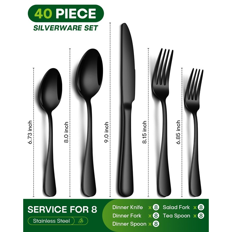 PHILIPALA 40 Piece Black Silverware Set, Stainless Steel Flatware Set