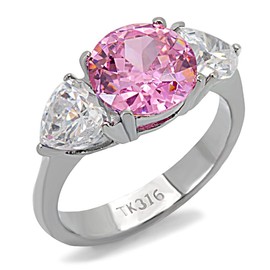 Yourjewellerybox Ladies pink ring sapphire three stone cz stainless steel anniversary 164 (n)