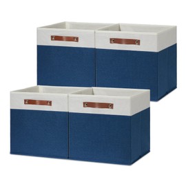 HNZIGE Fabric Storage Cubes Bins for Shelves,13x13 Storage Cubes, Set Of 4 Foldable Cubby Storage Bins for Organizing, Cloth Blue Storage Baskets for Cube Organizer Toy Nursery Shelves(Blue&White)