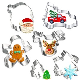 Kanehosi Christmas Cookie Cutters 6Pcs Large, Christmas Theme Shapes Cookie Cutters Santa Claus Gingerman Truck Elk Snow Mini Tree, Metal Dough Fondant Biscuit Molds for Kitchen Christmas Eve