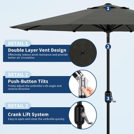9Ft Patio Umbrella - 8 Sturdy Ribs Outdoor Table Umbrella with Crank Lift & Push Button Tilt - Market Umbrella for Pool, Deck, Yard, Garden - Gray