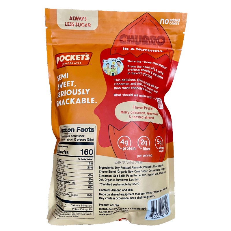 Pocket's Chocolate 4-PACK Pocket Chocolate Churro Coated Crunchy Roasted Almonds